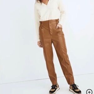 Madewell Vegan Leather Pull-On Paperbag Pants in Camel